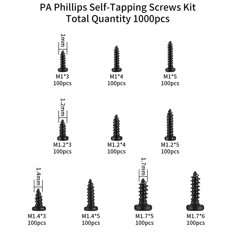 [Australia - AusPower] - 1000 Pcs Small Phillips Pan Head Screws Assortment Kit, Micro Tiny Electronic Self-Tapping Machine Screws for Glasses Watches Phone Electronic Repair Screws 1000 