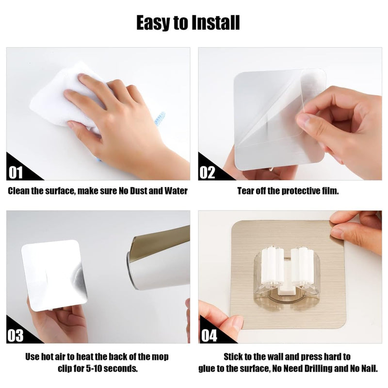 Broom Holder Wall, Pack of 4 Wall Mount Broom No Drilling Broom Holder Self-Adhesive Wall Device Holder Broom Mop Holder Broom Mop Holder for Home Kitchen Bathroom Garden Garage