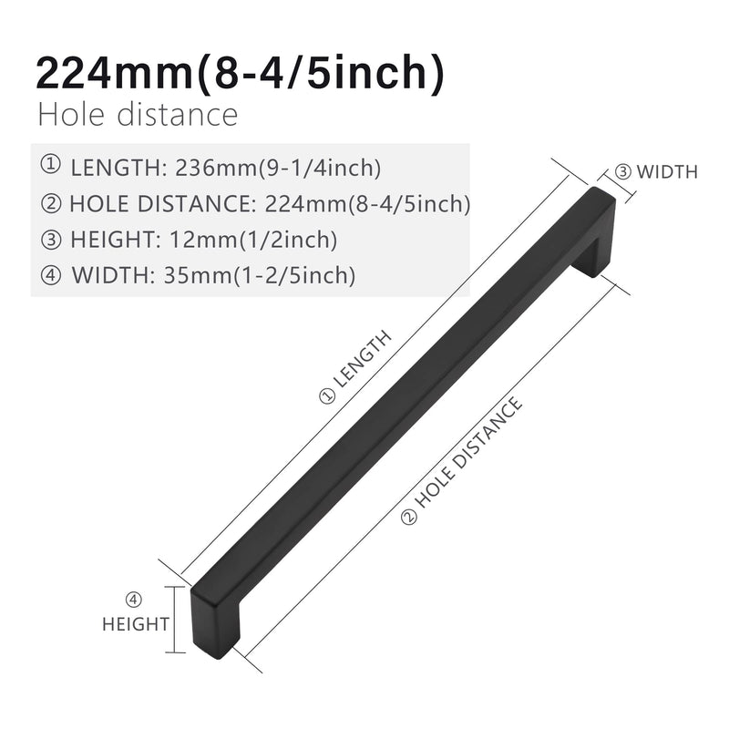 Cabinet Pulls Matte Black Cabinet Handles Square Drawer Pulls, 5 Pack 8-4/5 Inch Stainless Steel Kitchen Door Cupboard Cabinet Handles, Drawer Hardware Handles, 224mm Hole Centers 1 8-4/5 inch Hole Centers(224mm)