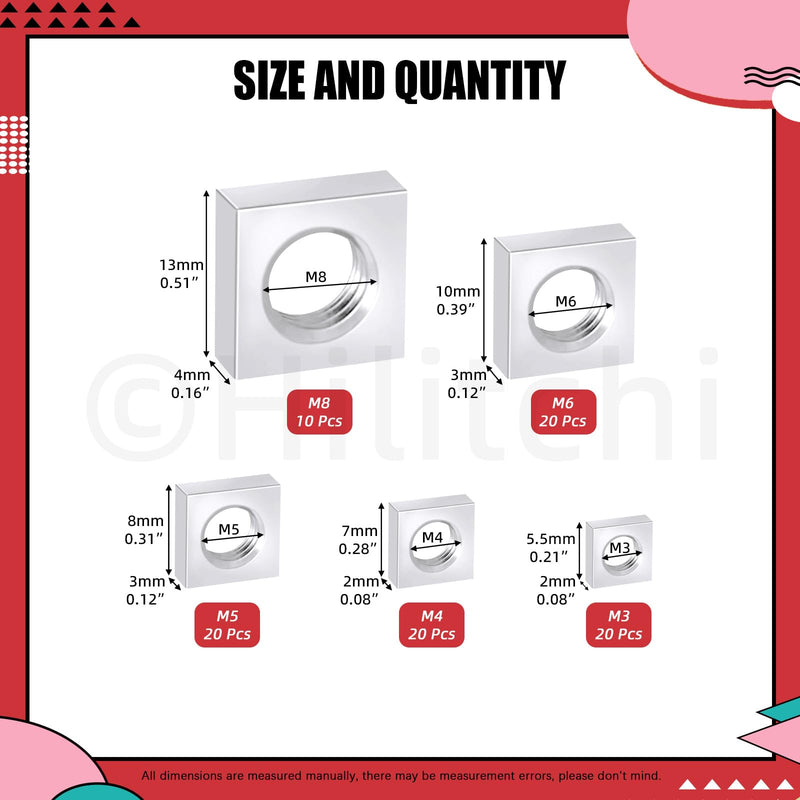 [Australia - AusPower] - Hilitchi 90Pcs Square Nuts Assortment M3 M4 M5 M6 M8 White Zinc Plated Square Nuts Square Machine Screws Nut Metric Coarse Thread Metric Square Nut Fasteners for Home Repair(White Zinc Plated) 