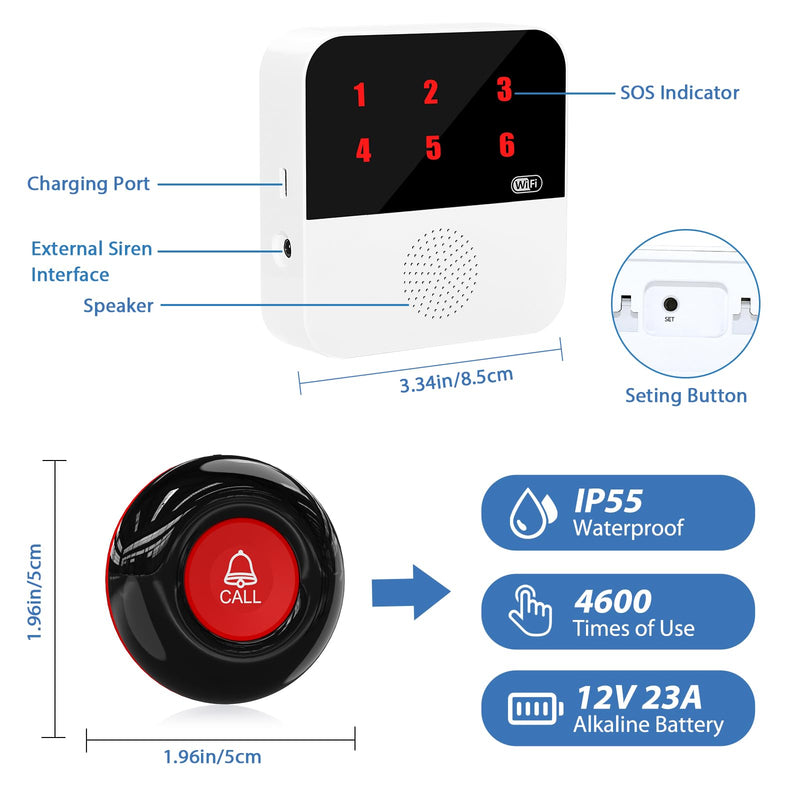 [Australia - AusPower] - WiFi Smart Wireless Caregiver Pagers for Elderly Alert Button That Calls Cell Phone Caregiver Alert System with LED Number Display 2 SOS Call Button 1 Receiver(Only Supports 2.4GHz & No Monthly Fee) 2 Button & 1 Receiver 