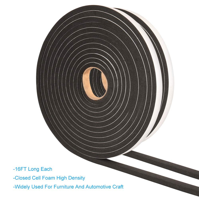 2 Rolls Foam Tape Weatheratrip for Door Window Insulation, Single Sided Foam Strips Adhesive, High Density Foam Seal Tape, Closed Cell Foam Seal Strip Tape(1/2"Wx1/4"Tx32FT, Black) 1/2"W x 1/4"T x 32FT