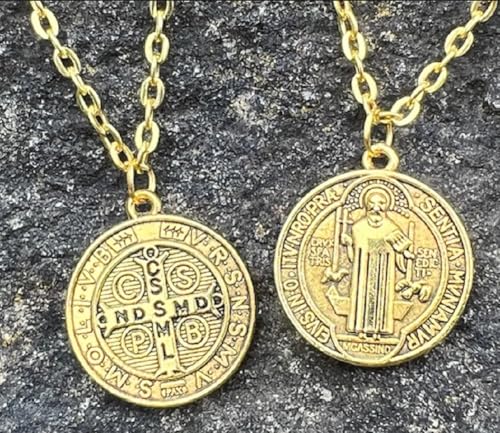 Double Sided Gold St Saint Benedict Cross Pendant Necklace Protection Medal F27