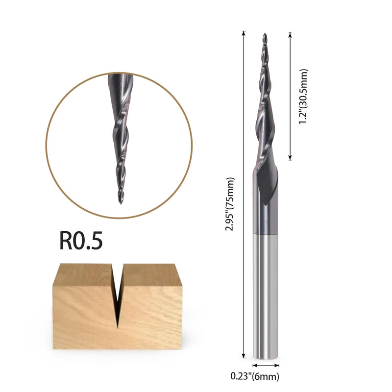[Australia - AusPower] - Trvoxviq Ball End Mill Conical Milling Cutter for Router CNC 6 mm Shank 2 Flutes End Mill HRC55 Spiral Groove Cutter Bit, 0.5 mm Radius CNC Carving Bits with AlTiN Coating for 2D and 3D Engraving R0.5x6mm 