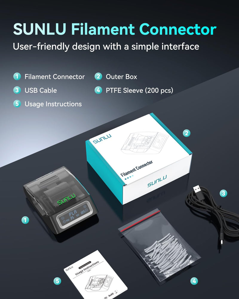 [Australia - AusPower] - SUNLU Official Filament Connector, Fast Heating Filament Splicer for 3D Printer Filament 1.75mm, Up to 240°C, Compatible with PLA PETG TPU ABS PA Nylon, Easy to Use, Pack with 200PCS PTFE Sleeve Filament Connector - 200pcs Ptfe 