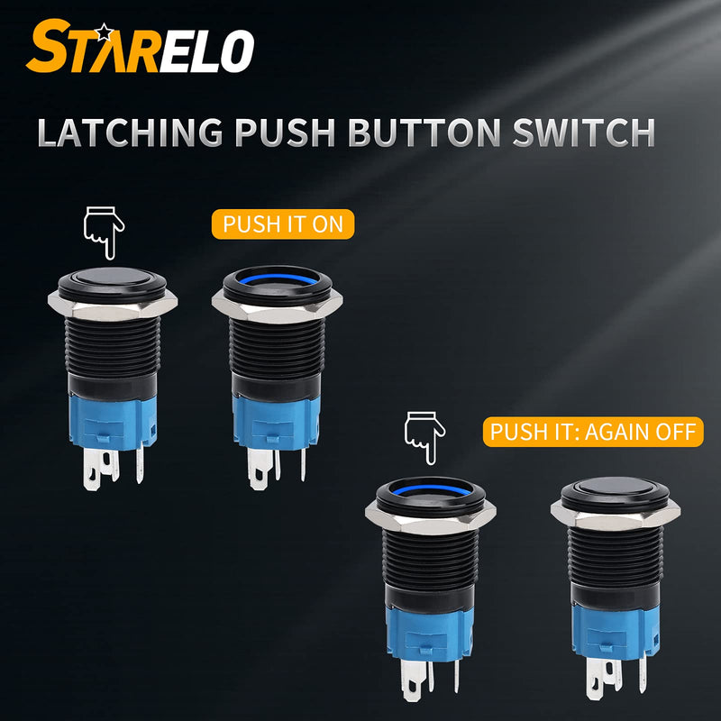 [Australia - AusPower] - STARELO 5pcs 16mm Latching led Push Button Switch Black Shell, IP65 Waterproof Push Button Switch,1NO 1 NC with Wire Socket Plug,Self-Locking with LED(Blue). 16mm Black Shell/ Ring LED 