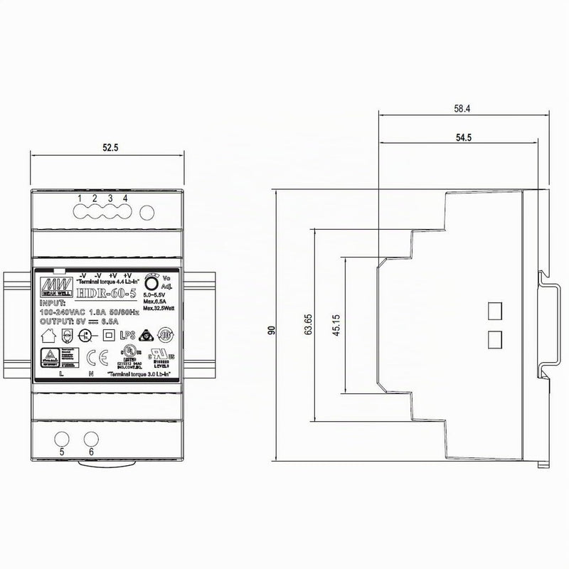 Din-Rail power supply 60W 48V 1,25A ; MeanWell HDR-60-48 ; Panel Mount