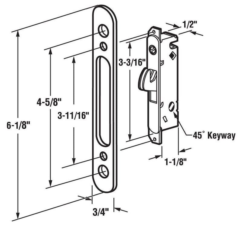 FPL #3-45-S Sliding Glass Door Replacement Mortise Lock with Adapter Plate, 4-5/8” Screw Holes, 45 Degree Keyway- YZD Plating 4-5/8" Screw Holes