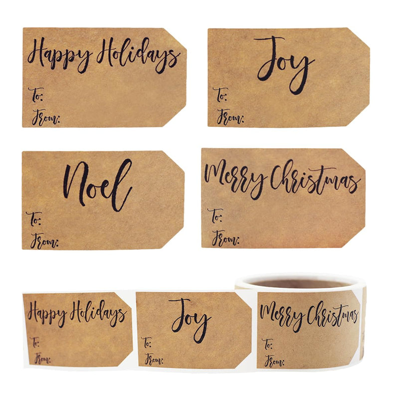 Natural Kraft Charming Christmas Holiday Gift Tag Stickers 2 x 3 Inch 100 Total Labels