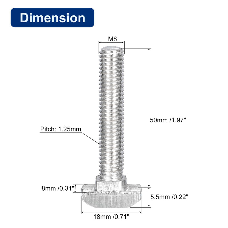 [Australia - AusPower] - uxcell 20Pcs T-Slot Bolts, M8 x 50mm Hammer Head Bolt T Screw Drop-in Stud for 4040 Series T-Slot Aluminum Extrusion Profile, 304 Stainless Steel, Silver M8x50mm 20 