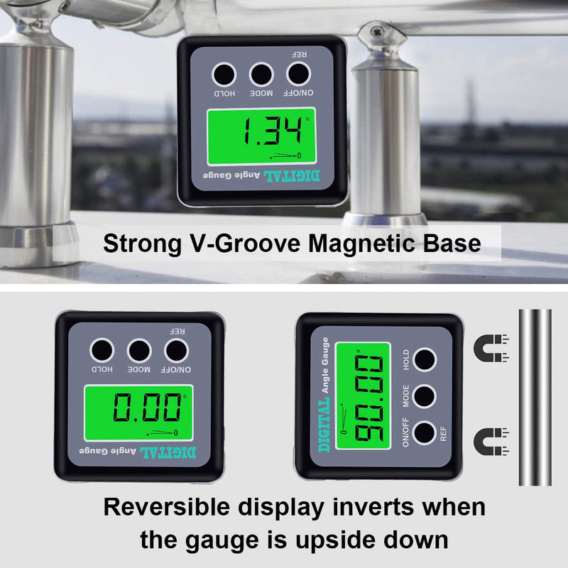 Digital Angle Gauge, Angle Finder Magnetic Digital Level Protractor, Table Saw Accessories with LCD Backlight Display Data Hold and V-groove & Magnetic Base Silver