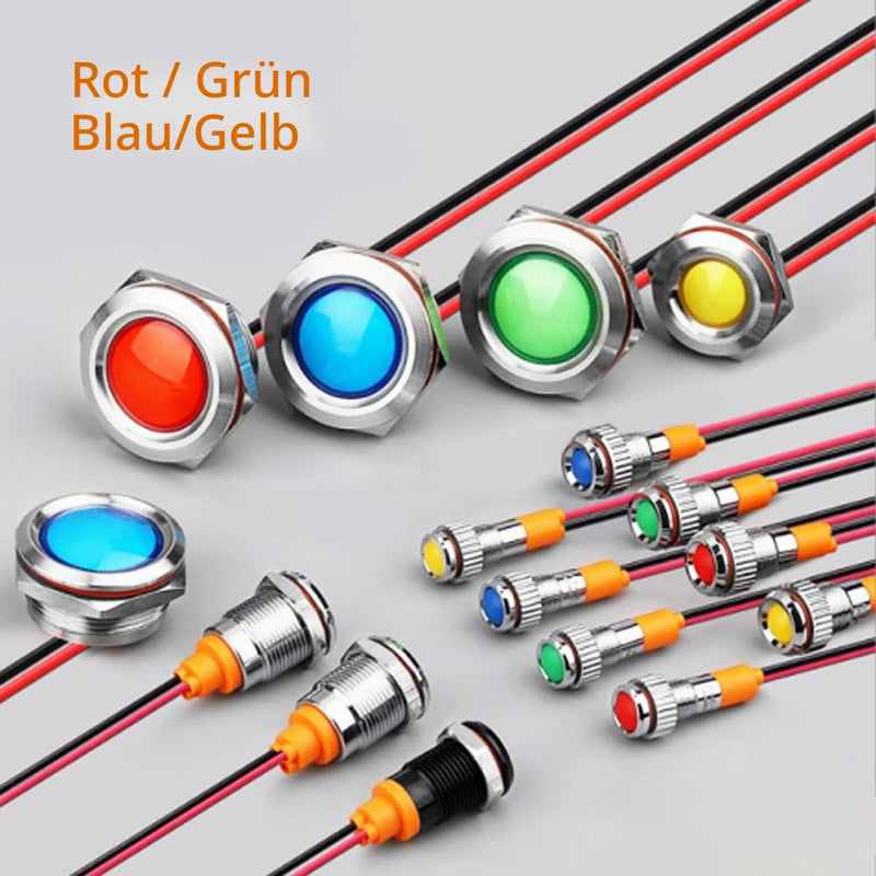 16 mm LED Indicator Light 230 V Metal Indicator Lights Red | Waterproof LED indicator lights, signal lamp, energy saving indicator, several colours and sizes 6-25 mm available 16MM AC/DC220