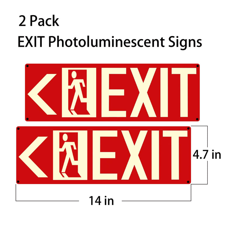 Photoluminescent Exit Sign Red - Aluminum -14x5 inches Exit Signs, With Strong Self-Adhesive Backing (One Right + One Left Arrow) Right + Left Arrow-14"x5"
