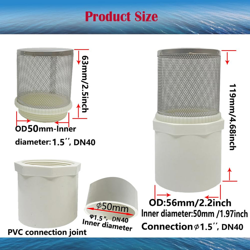[Australia - AusPower] - DN40 inch Suction Strainers Stainless Steel Filter Cover Connected to 1.5" DN40 PVC Water Pipe Used to Remove Debris and Reduce Solid Entry，Koi Pond Filtration System. 1.5inch 