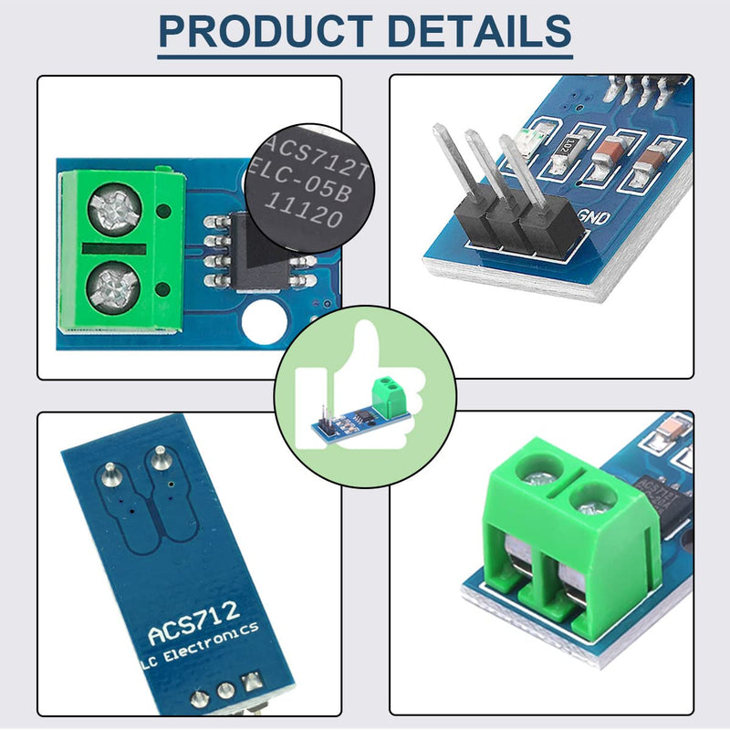 [Australia - AusPower] - 5 Pcs ACS712 5A Range Current Sensor Module Chip ACS712ELC-05B Hall Current Sensor Current Measuring Module with Dupont Cable for Arduino 