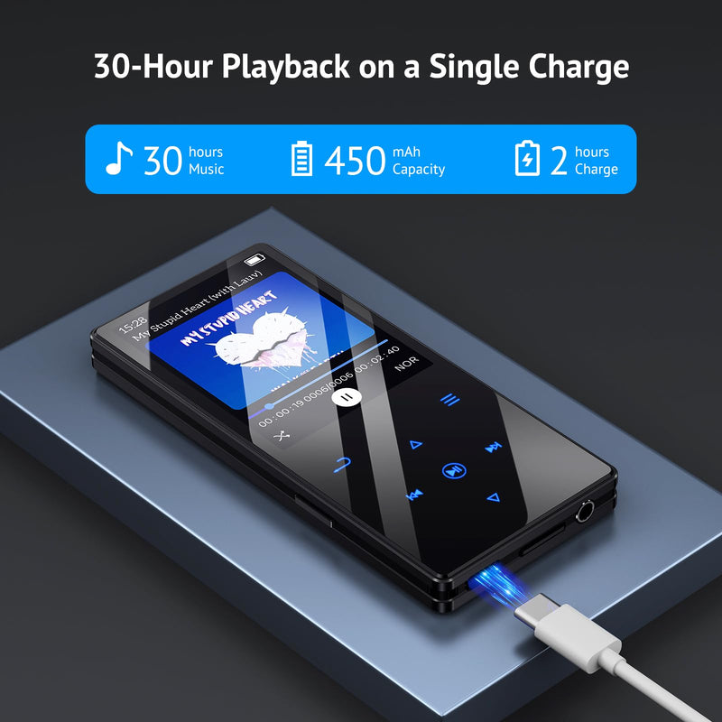 [Australia - AusPower] - 64GB MP3 Player with Boosted Bluetooth 5.0, Music Player Features HD Speaker, 2.4" Screen, Touch Buttons, Expandable SD Card Slot, Supports FM Radio, Voice Recording, E-Book, and More 