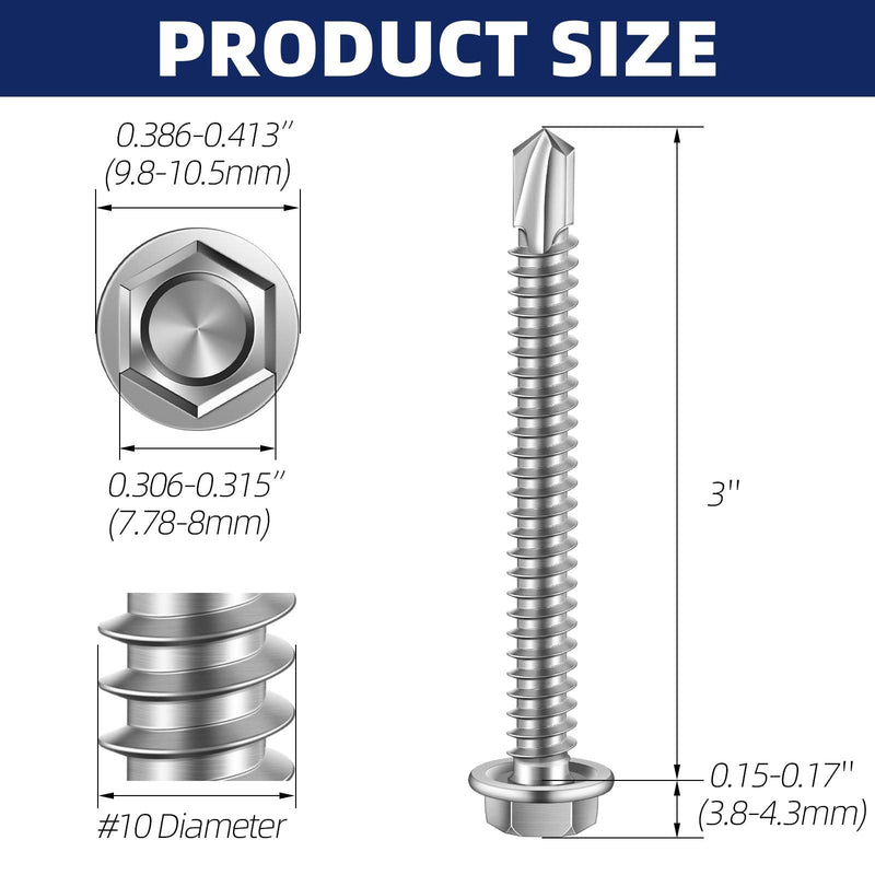 [Australia - AusPower] - #10 x 3" (1/4" to 3" Available) Hex Washer Head Self Drilling Sheet Metal Screws with Drill Point, Stainless Steel 410, 50 PCS #10 x 3" 