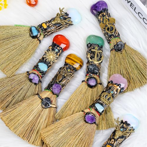 Amethyst Crystal Heart-Shaped Magic Broom - Reiki Energy Cleansing & Healing Tool, Feng Shui Home Decor, Witch Altar Accessory & Spiritual Gift for Women (Natural Gemstone, Witchcraft) Love-amethyst 6.3-6.69"