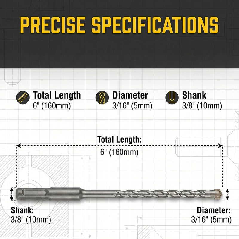 10pcs SDS Plus Masonry Drill Bit Set with Storage Case 3/16 x 6.3 inch | Rotary Hammer Drill Bits 4-Cutter Cross Tip Double Thread Tungsten Steel Concrete Drill Bit for Concrete, Brick, Stone, Walls