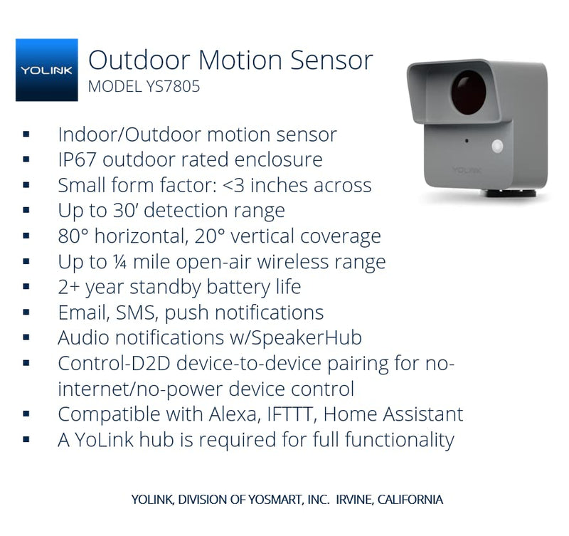 [Australia - AusPower] - YoLink LoRa Smart Outdoor Motion Sensor Starter Kit, Driveway Alert, Property Invasion/Tresspassing Detector, Email/SMS/Push Alerts, Alexa, IFTTT, Home Assistant: Includes (1) Sensor, (1) SpeakerHub 