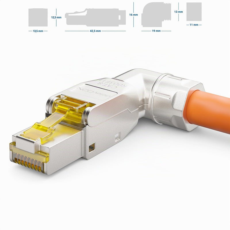 deleyCON CAT 8 Network Connector 90° Angle RJ45 40Gbps Pack of 2 | Tool-free, shielded, for rigid installation cables, raw cables, RJ45 Ethernet LAN DSL patch cable Angled 2 pcs.