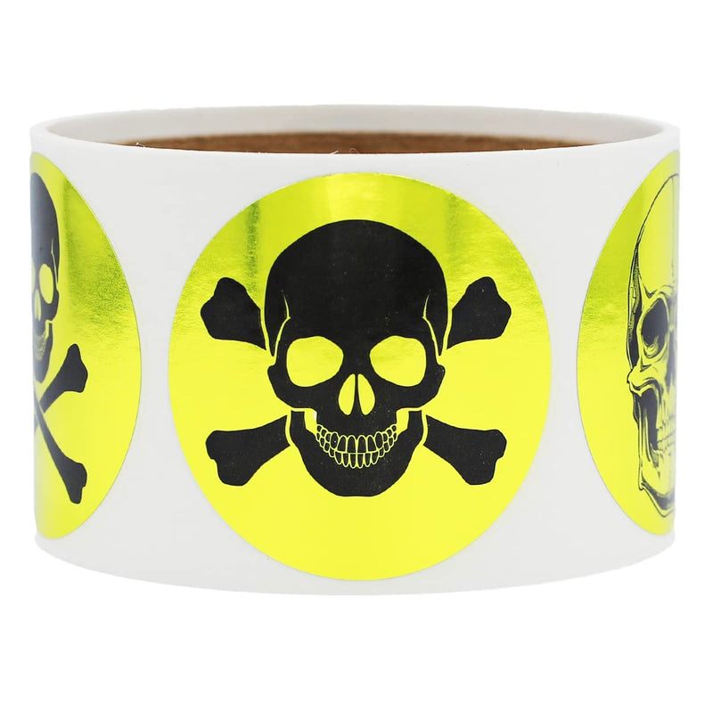 Gold Skull and Crossbones Stickers – 2 Inch Round Labels, 100 Total Adhesive Stickers on a Roll for Crafts, Party Favors, Decorations, and Packaging – Made in the USA