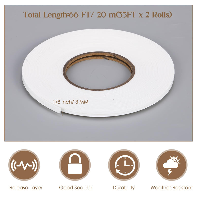 Tatuo 2 Rolls Double Sided Foam Tape PE Foam Tape Sponge Soft Mounting Adhesive for DIY Craft Picture Poster Hanging(1/8 Inch by 33 Feet,White) White 1/8 Inch by 33 Feet