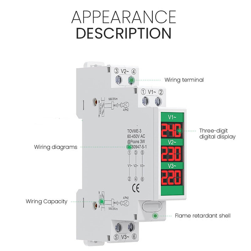 [Australia - AusPower] - 3 Phase AC Voltmeter, Large LCD Screen Din Rail Mount LCD Digital Display Voltage Meter, Electric Power Meter with Switch Output Function 
