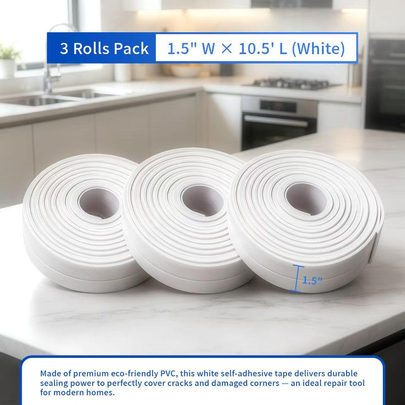 3 Rolls Caulking Tape, Self Adhesive Waterproof Seal Strip for Kitchen Bathroom Sink Tub Toilet, Caulk Sealer Around Base Strip for Wall Corner Edge Protector, 10.5Ft x 1.5In (Clear) Clear