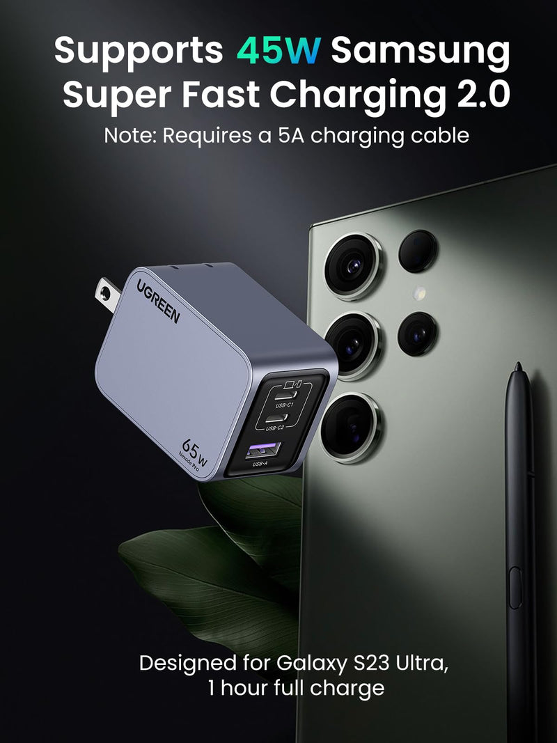 [Australia - AusPower] - UGREEN Nexode Pro 65W USB C Charger, 3-Port Mini Compact Foldable PPS GaN Fast Wall Charger Block for MacBook Pro/Air M2, Pixelbook, Dell XPS, iPhone 15 Pro/14, Galaxy S24 Ultra, Pixel 8, Steam Deck 