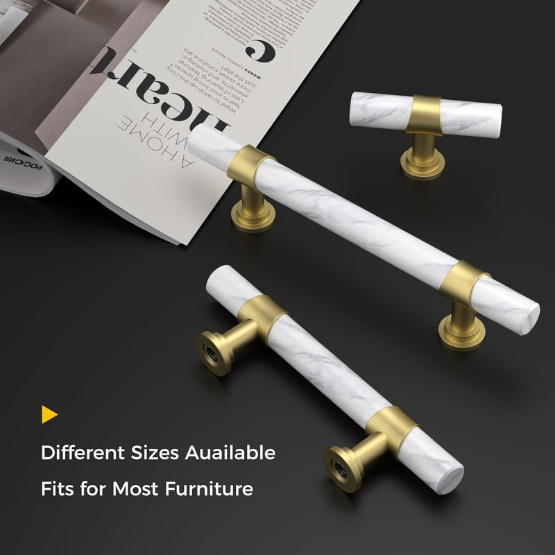 Haliwu 15 Pack Singel Hole Center Black Cabinet Pulls Black&Gold Cabinet Handles, Barrel Gold Dresser Drawer Pulls for Kitchen Hardware T-Bar Knob White Marble & Matte Gold