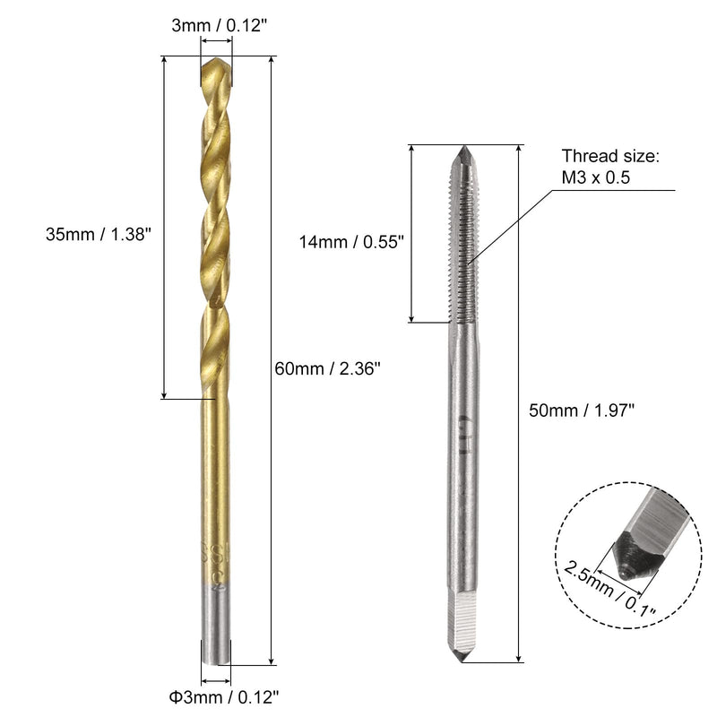 QUARKZMAN Metric Tap and Drill Bit Set, 2 Pieces M3 x 0.5 Straight Groove Taps and 2 Pieces 3mm Titanium Coated Twist Drill Bits HSS6542 | M3 x 0.5 Straight Groove Taps, 3mm Titanium Coated Twist Drill Bits, Thread Cutting Tools