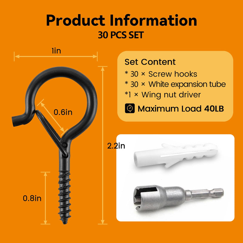 [Australia - AusPower] - 30 PCS Q-Hanger Hooks with Safety Buckle, Windproof Screw Wall Ceiling Hooks for Outdoor String Lights Hanging Christmas Lights, Plants, with 1 Wing Nut Driver Black 30 Pack 