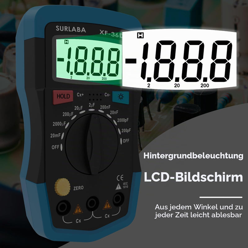 Digital Capacitance Meter, XF-36D Capacitance Meter up to 20,000uF, 1999 Count Capacitor Meter Multimeter for Home, Industry, Error Checking blue