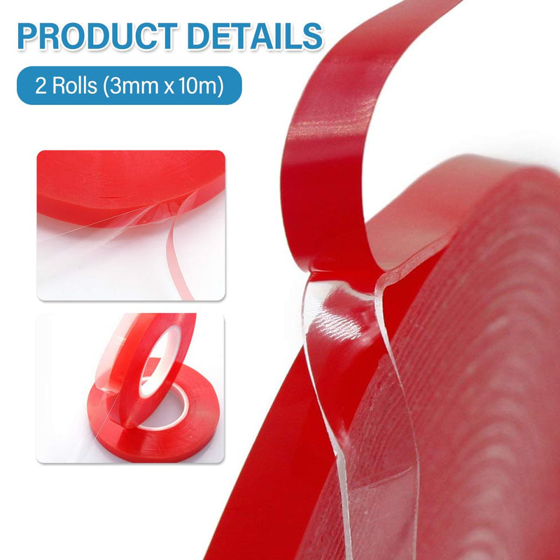 2 Rolls Double Sided Tape, Clear Adhesive Waterproof Foam Tape, Heat Resistant High Adhesion Transparent Acrylic Tape for Phone Laptop LCD Screen Case Repair DIY (3mm×10m - 2 Rolls)