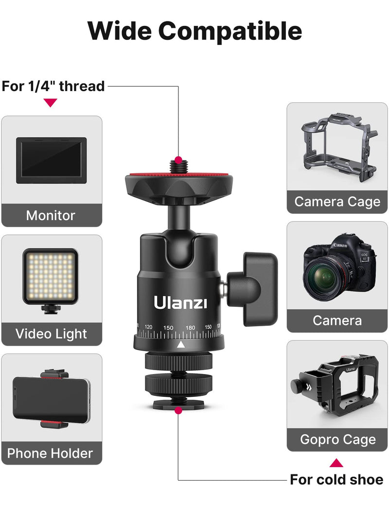 [Australia - AusPower] - Mini Ball Head, ULANZI H28 Panoramic Tripod Head + Dual Hot Shoe Mount DSLR Camera Mount Adapter Photograph Attachment Accessories for Gopro Cam Camcorder Smartphone Light Microphone Loading 5.5lb 