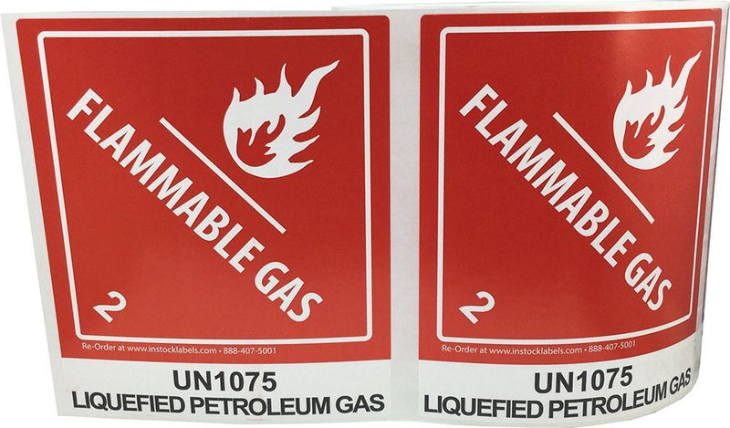 Hazard Class 2 D.O.T. UN1075 Liquefied Petroleum Gas Flammable Gas Labels, 4 x 4 3/4 Inch Square Red and White Hazmat Stickers, 500 Adhesive Labels – Made in the USA