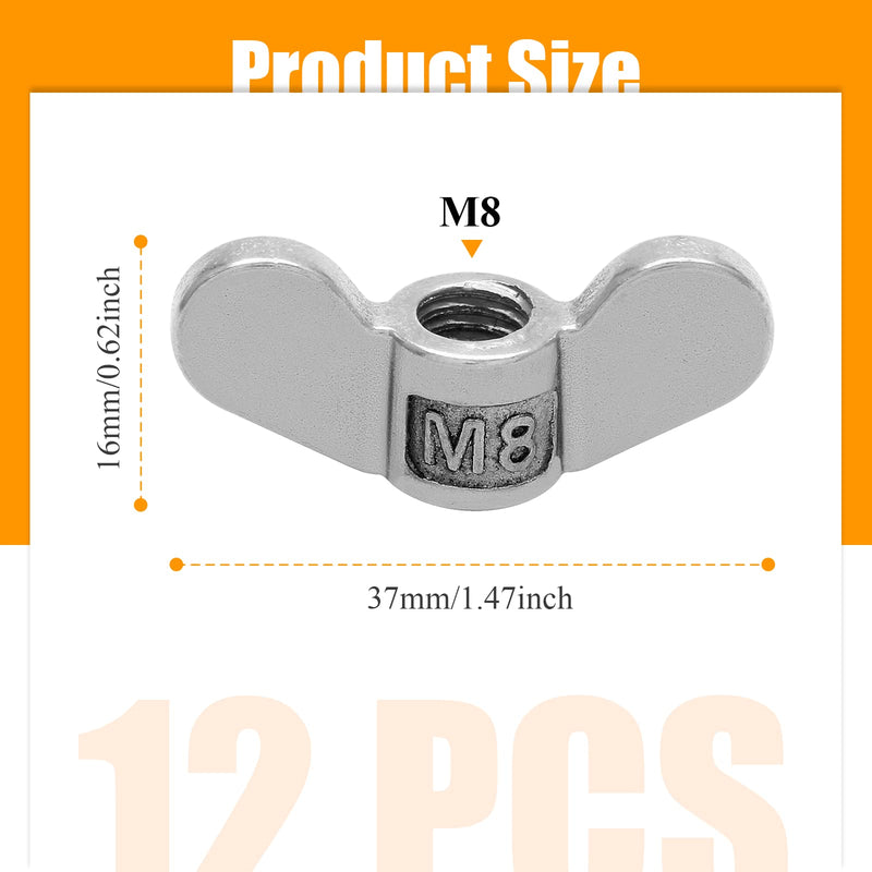 [Australia - AusPower] - 12Pcs M8 Wing Nuts 304 Stainless Steel Butterfly Nut Hand Twist Fasteners Hardware Parts (1/4 Inch) 