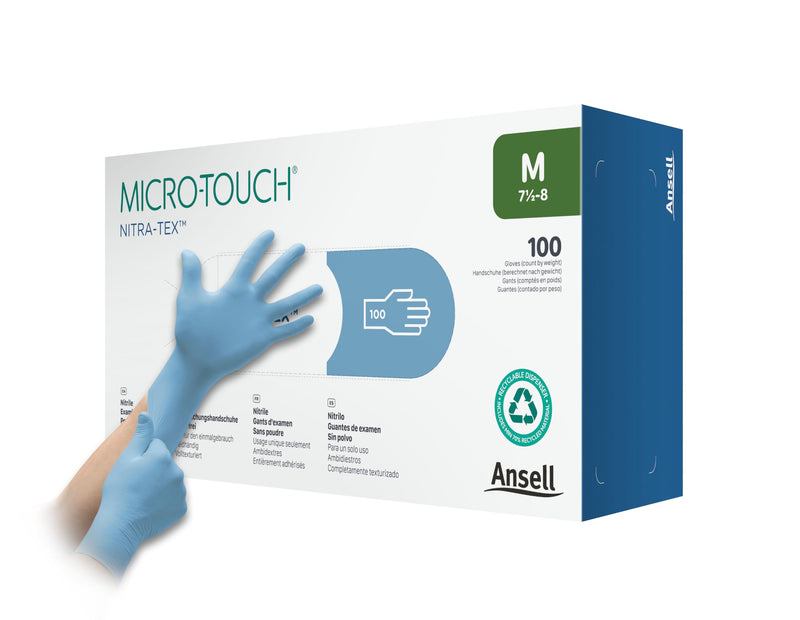 Ansell MICRO-TOUCH Nitra-Tex Powder-Free Examination Gloves, Size XL (9.5-10.0), Blue, (100 Pairs)
