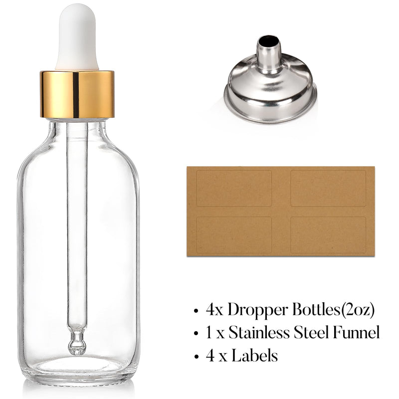 [Australia - AusPower] - AOZITA Set of 4, 2 oz Golden Cap Clear Dropper Bottles (60ml) with 1 Funnel & 4 Labels - Glass Tincture Bottles for Essential Oils with Eye Droppers - Leak Proof Travel Bottles for Liquids 