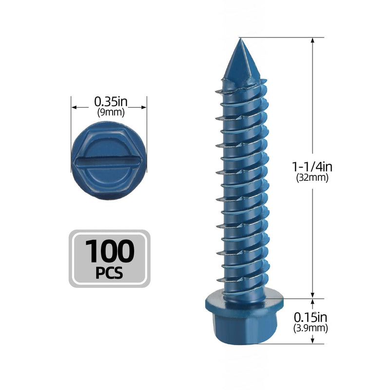 [Australia - AusPower] - 3/16" x 1-1/4" Concrete Screws, Blue Hex Head Screw Anchor with Drill Bit and Hex Bit Socket, for Masonry, Cement, Block, Brick or Stucco, 100 PCS 3/16 x 1-1/4" 