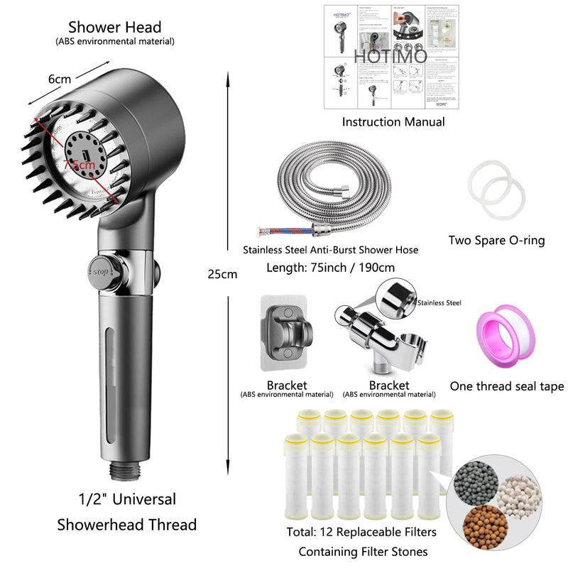 Filtered Shower Head with Handheld - High Pressure 3 Spray Modes Showerhead with Filters, 12 Replaceable Water Softener Filters for Hard Water | Ion Shower Head with 75" Anti-Burst Hose Gray
