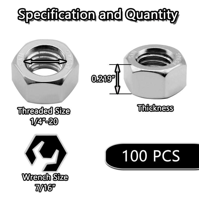 [Australia - AusPower] - Beduan 100PCS 1/4"-20 Nuts 18-8 304 (A2-70) Stainless Hardware Nuts Commercial Grade for Boats Dock Car 1/4-20 Packof 100 