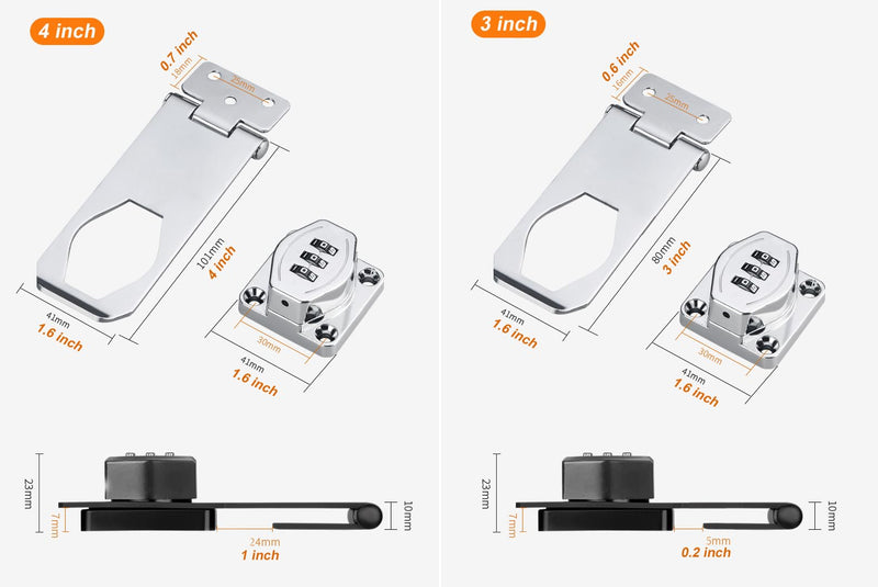 [Australia - AusPower] - Keyless Cabinet Lock 3-Digit Password Combination Code Hasp latch Lock Twist Knob Wooden Drawer Cupboard Locker Gun-Safe Closet Box (Silver, 4 inch) Silver 