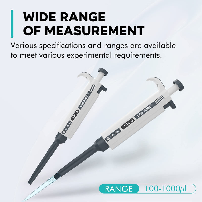LAB FISH M100-1000ul Lab Pipette, 100-1000ul Adjustable Volume w/200 Tips | 100-1000ul range, 0.1ml increment, single channel, manual, includes 200 tips, for lab liquid transfer Single Channel Pipettor 100-1000ul Set