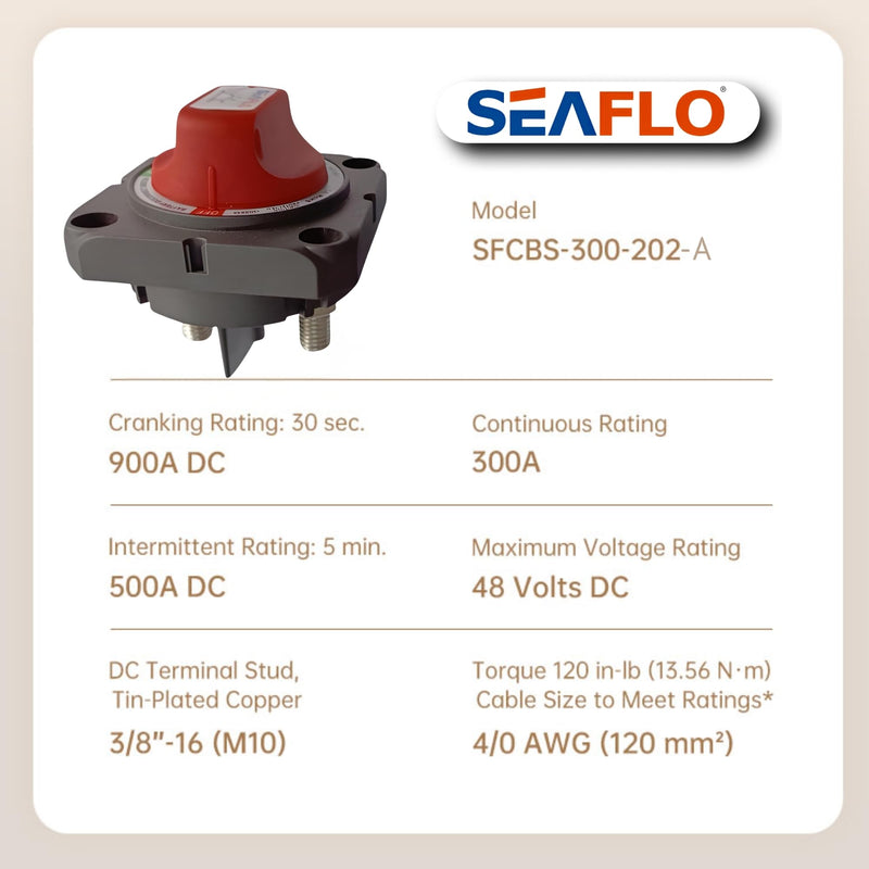 SEAFLO 300A Battery Disconnect Switch –12V/24V/48V Heavy-Duty Isolator Switch, Single Circuit ON/Off, IP66 Waterproof, Auto, Marine, Boat, RV, Car, ATV, CE & RoHS Certified (On/Off w/No-Cover|1-Pack) 01-Pack No Cover -2 Positon (On/Off)