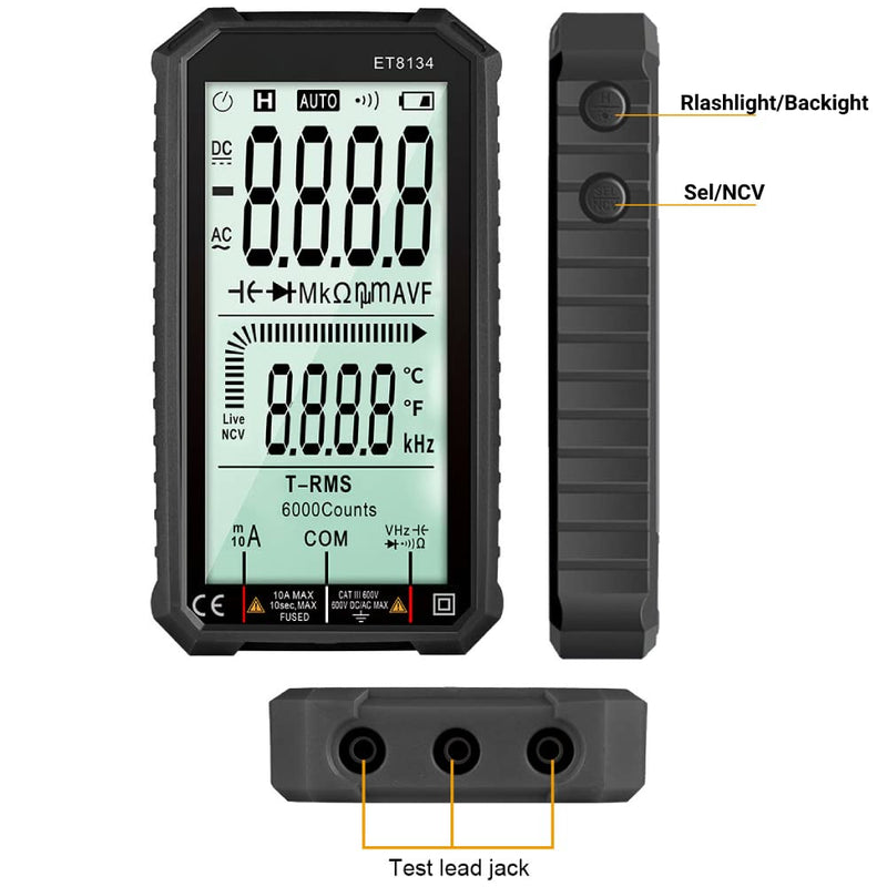 [Australia - AusPower] - ET8134 Digital Multimeter Multi Function Voltage Current Meter LCD Display Automatic Multimeter with Alarm Function 10A 600V 