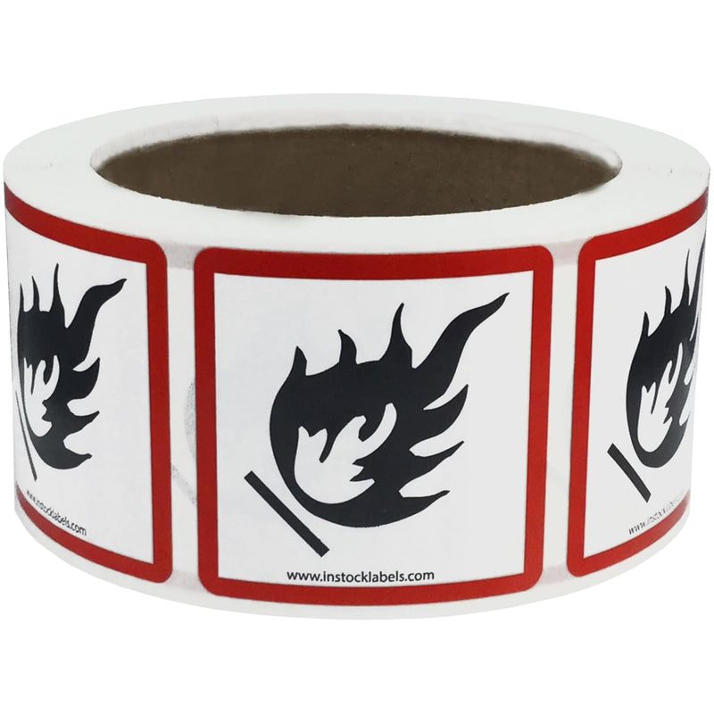 GHS Pictogram Labels Flame, 2 x 2 Inch Square Hazard Stickers, 500 Total Adhesive Labels on a Roll for Chemical Safety, GHS Compliance, and Workplace Labeling – Made in the USA
