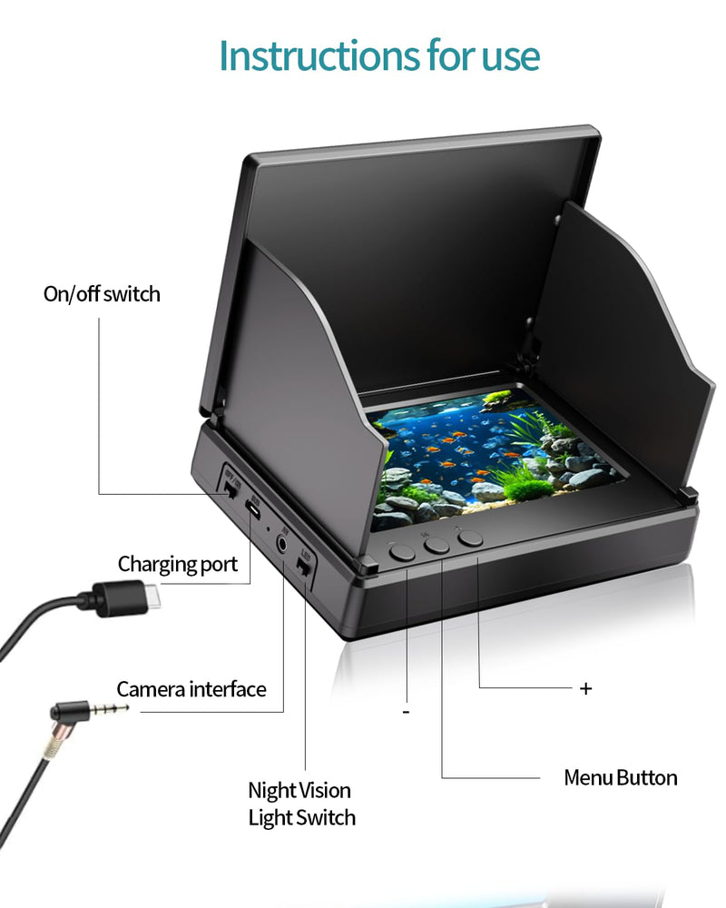 FOURQ Auto Reel Underwater Fishing Camera, 4.3" HD Monitor Fish Finder with 100ft Cable, 4 IR Night Vision Lights & 5000mAh Battery, Portable Video Camera for Ice, Kayak, Boat & Saltwater Fishing