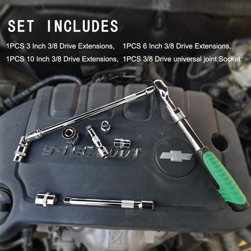[Australia - AusPower] - 4 Piece 3/8 Inch Drive Extension Bar Set, 3/8 Inch Drive Socket Extension Set Includes 3, 6, and 10 Inch Extensions and 3/8 Inch drive Universal Joint Socket 3/8" Drive 